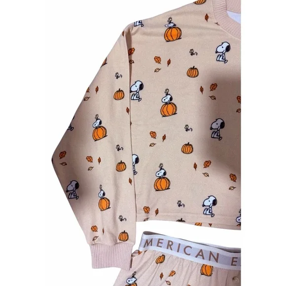 American Eagle Peanuts Fall Pumpkin Snoopy Plush Pajama Set Women's Size Large - Picture 5 of 16